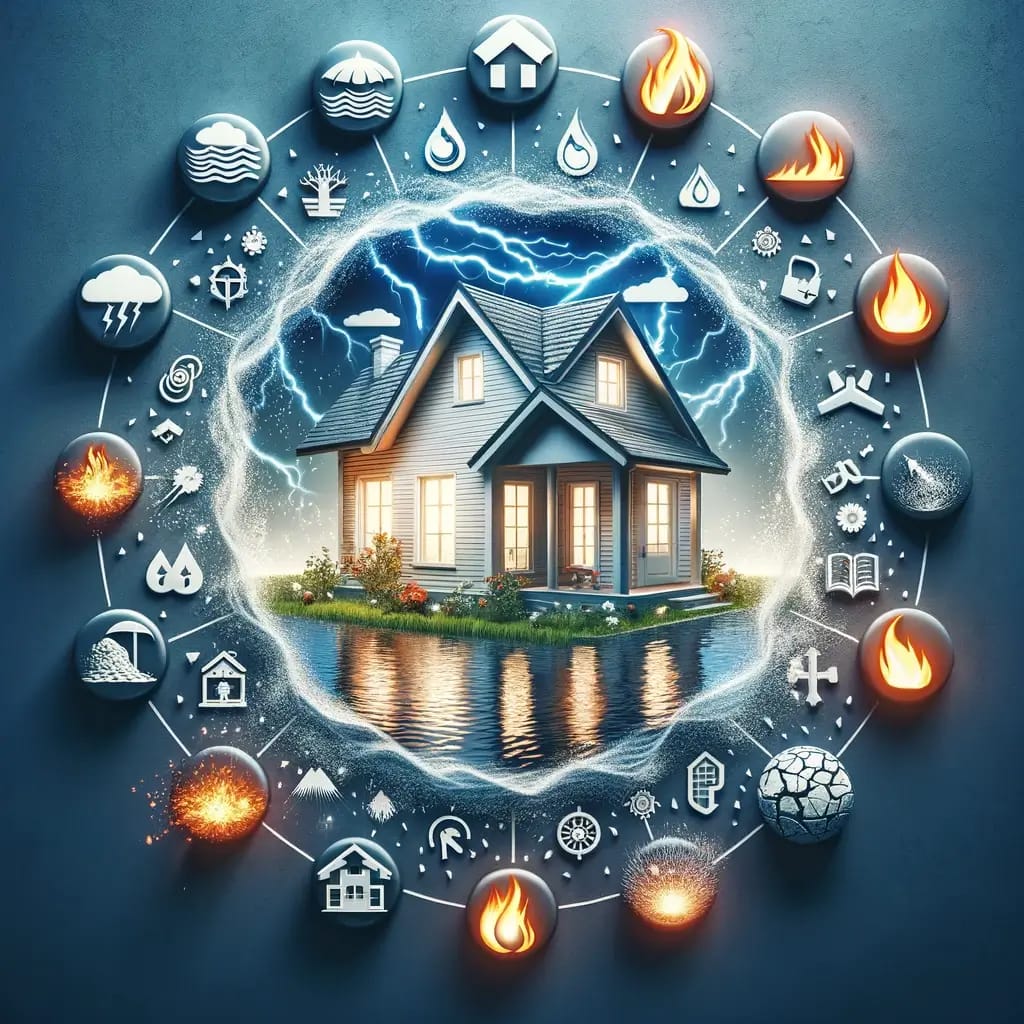Comprehensive Homeowners Insurance Coverage: A visual representation of a sturdy home encircled by symbols of natural disasters—rising water for floods, encroaching flames for fire, and ground cracks for earth tremors—underscoring the critical importance of securing comprehensive insurance coverage to protect against a broad spectrum of natural threats