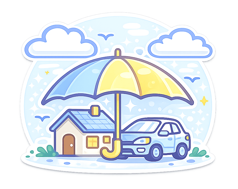 Umbrella protecting home and vehicle Umbrella protecting a home and vehicle.