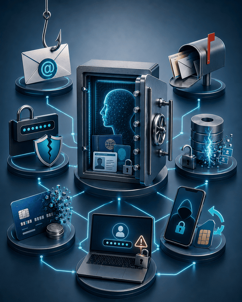 Common identity theft Common identity theft methods including phishing, stolen mail, compromised passwords, data breaches, and account takeover