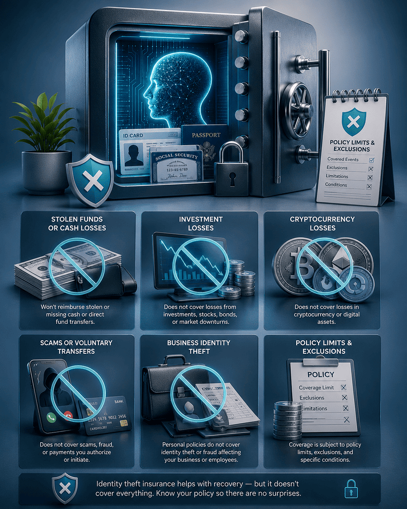 Identity theft exclusions Identity theft insurance exclusions including stolen funds, investment losses, cryptocurrency losses, scams, and business identity theft