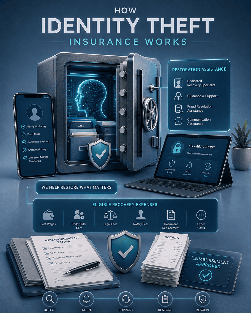 Identity theft insurance Identity theft insurance showing restoration assistance, monitoring services, and eligible recovery expenses