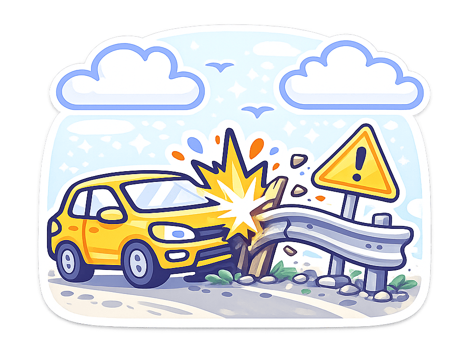 Car Hitting a Sign or Guardrail Car crashing into a roadside guardrail and warning sign.