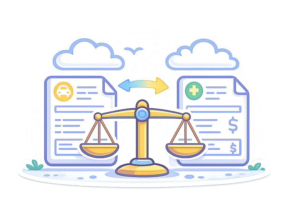 Compare MedPay With Health Insurance Auto insurance and health insurance documents compared on a balance scale.