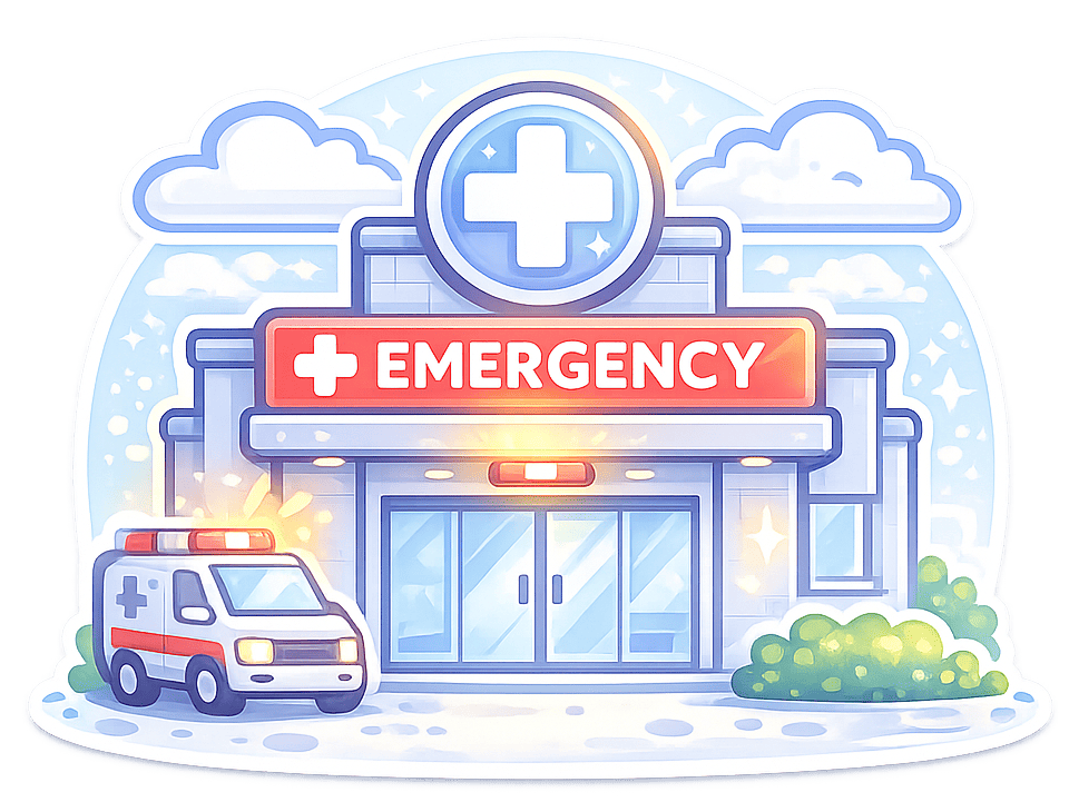 Emergency Room Care Hospital emergency entrance with ambulance and medical cross.