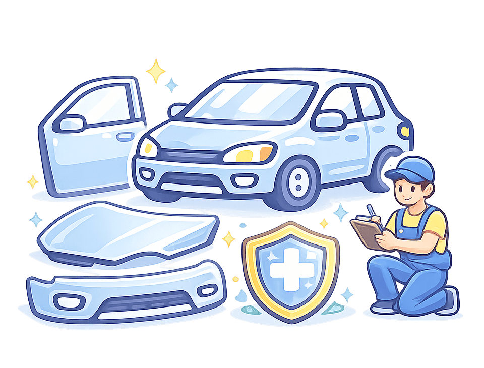 Exterior Body Panels Car with replacement door, hood, bumper, and technician inspection.