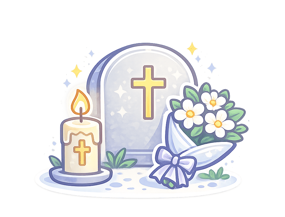 Funeral Expenses Memorial candle, headstone, and flowers representing funeral expenses.