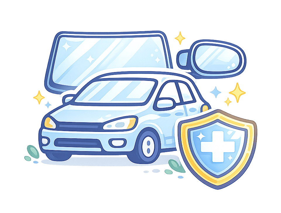 Glass and Mirrors Vehicle with replacement headlight, taillight, fog light, and protection shield.