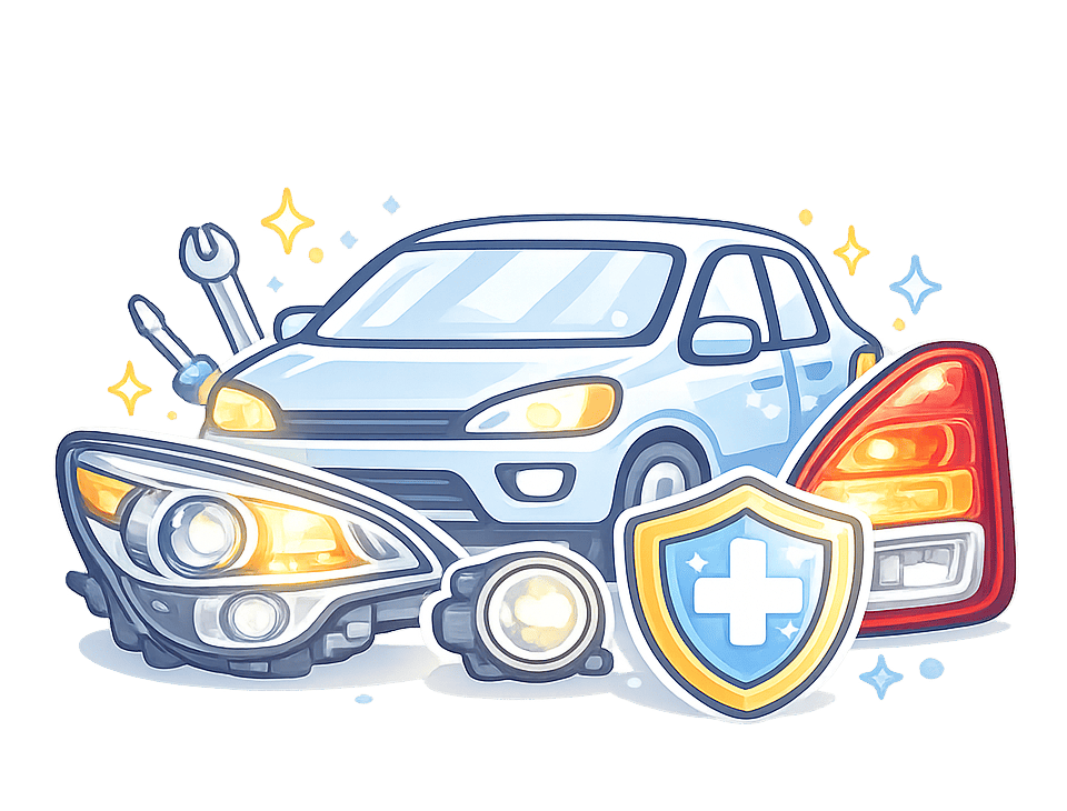 Headlights and Exterior Lighting Car with replacement windshield, side mirror, rear glass, and insurance shield.