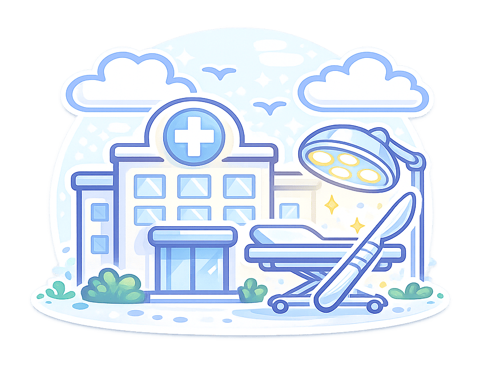Hospital and Surgical Care Hospital with surgical table, operating light, and medical instruments.