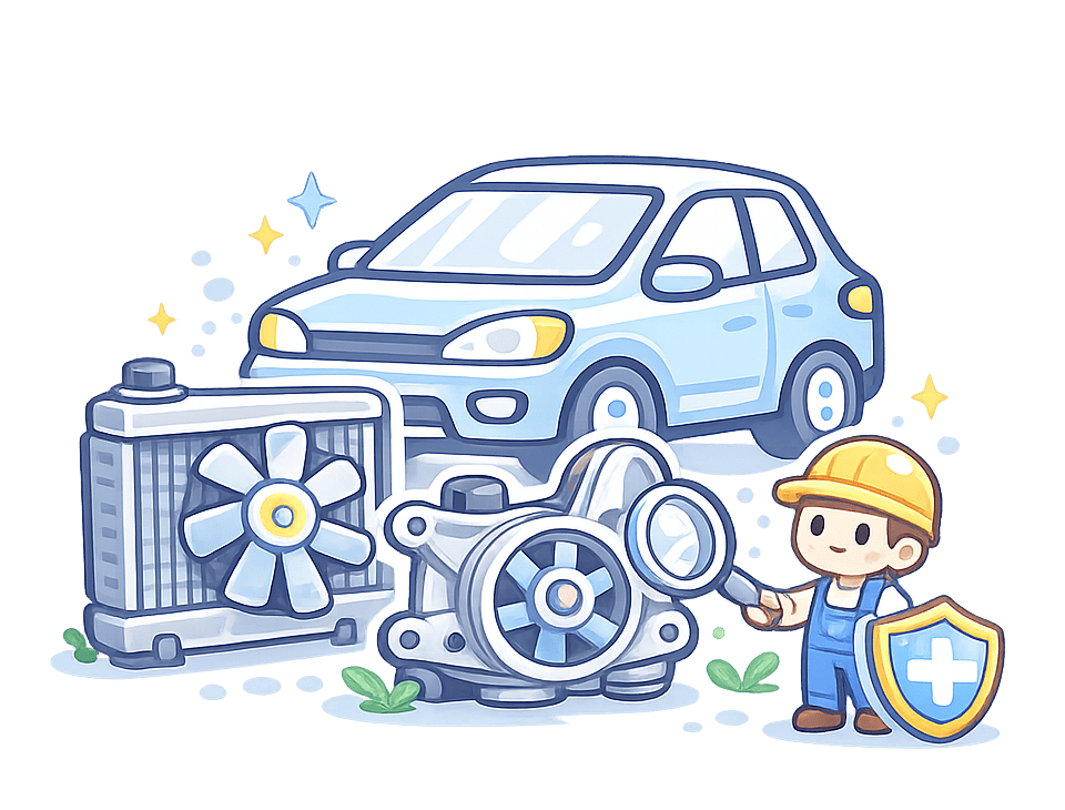 Mechanical Components Car with radiator, cooling fan, mechanical parts, and technician.