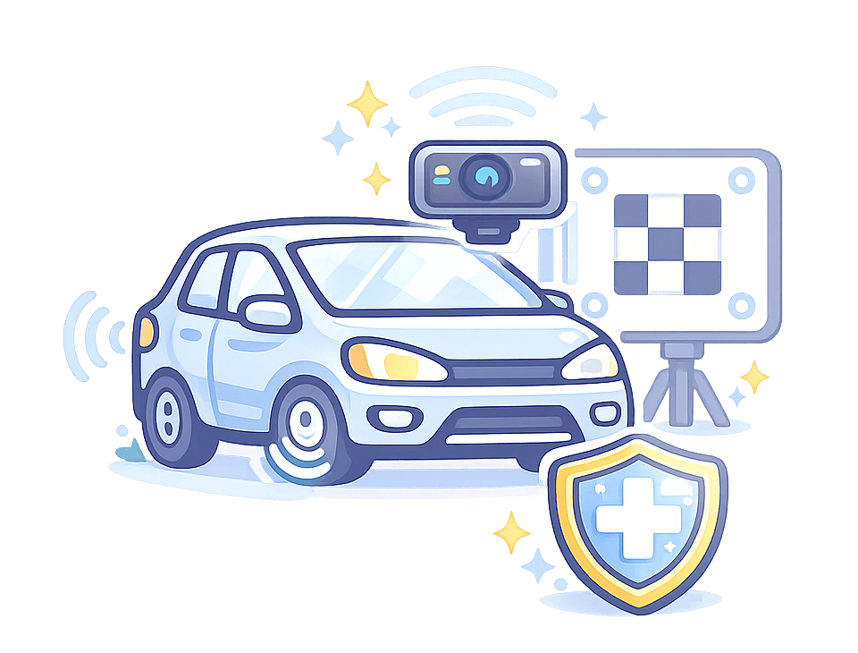 Sensors and Cameras Vehicle with parking sensors, front camera, and calibration equipment.