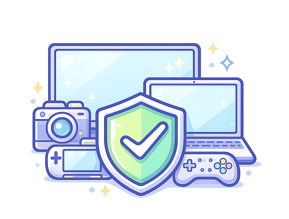 ChatGPT Image Aug 1, 2026, 12_07_41 PM (3) (1) Electronics Pastel insurance icon showing a television, laptop, tablet, camera, and gaming device protected by a shield.