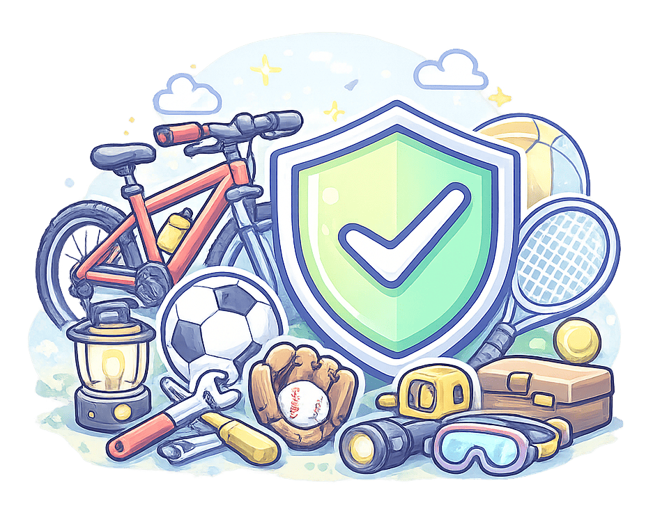 ChatGPT Image Aug 1, 2026, 12_07_41 PM (5) (1) Tools and Recreational Equipment Pastel insurance icon showing hand tools, a bicycle, sports equipment, and recreational belongings protected by a shield.