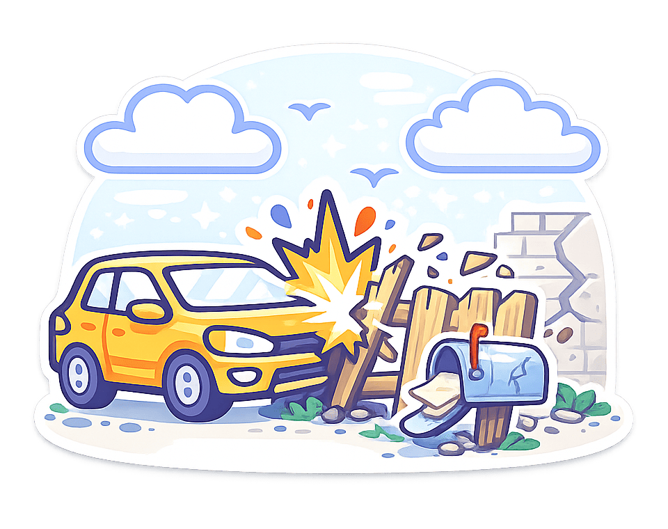 Damaged Fence, Mailbox, or Building Property damaged by a vehicle.