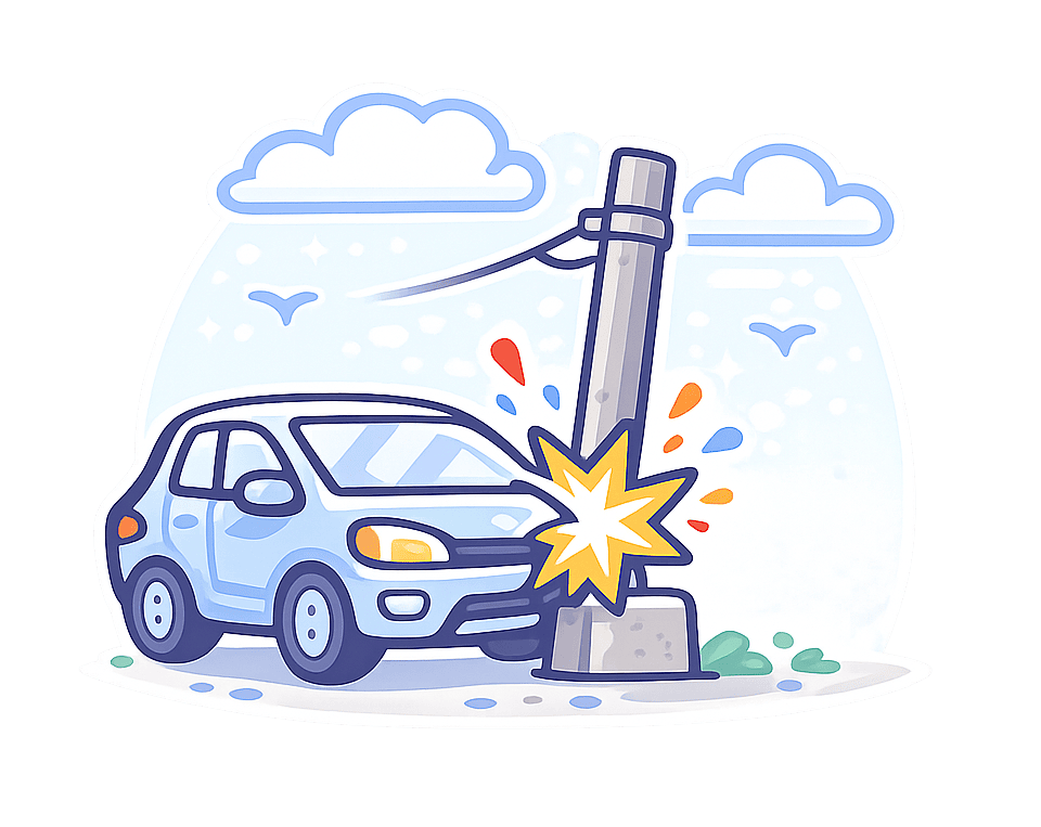 Car hitting a fixed object Car striking a fixed object.