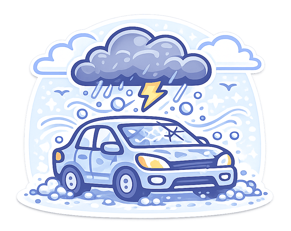Hail or storm damage Vehicle damaged by hail or a storm.